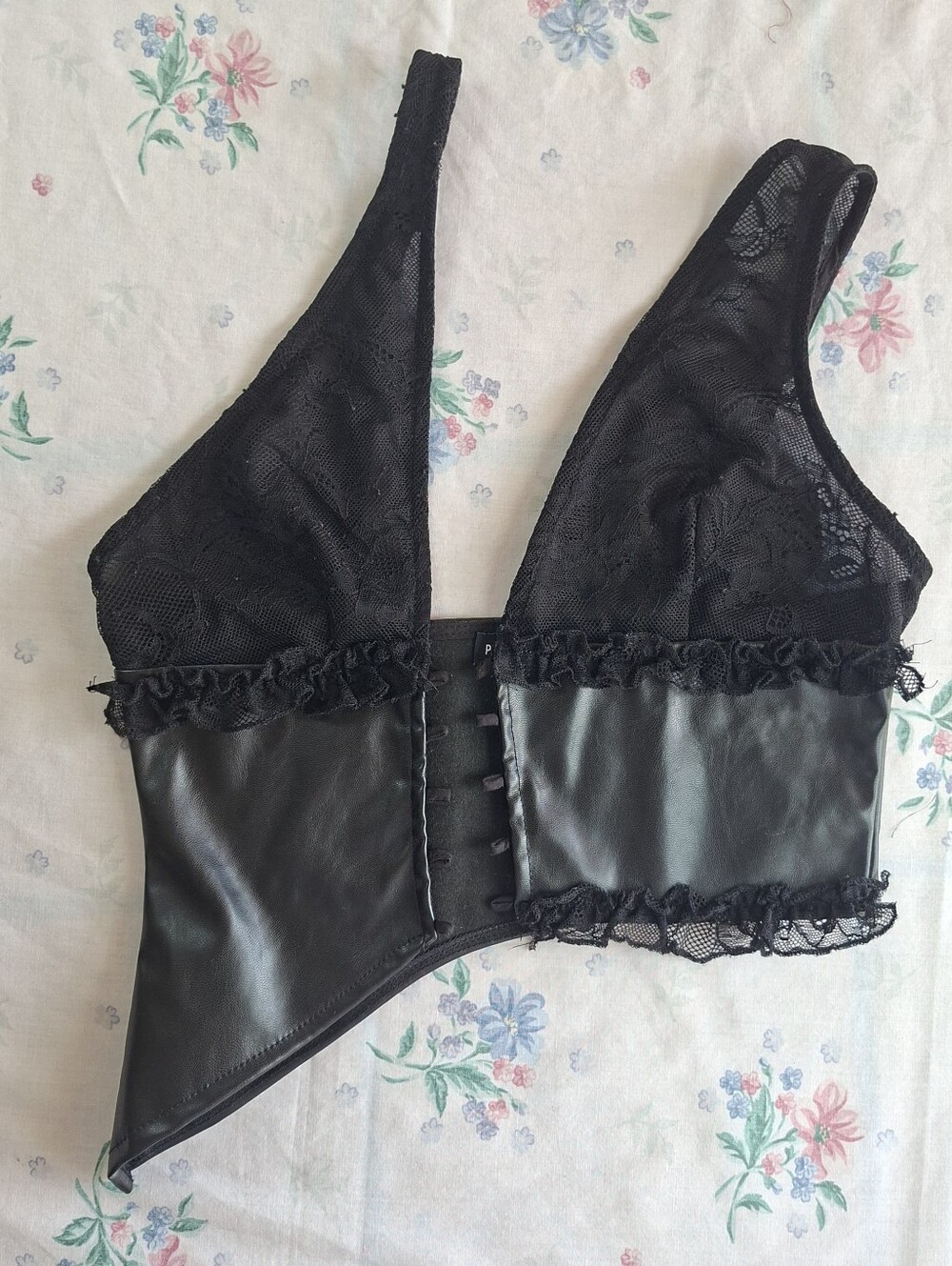 Asymmetrical Faux Leather Gothcore & Lace Corset Crop Top
